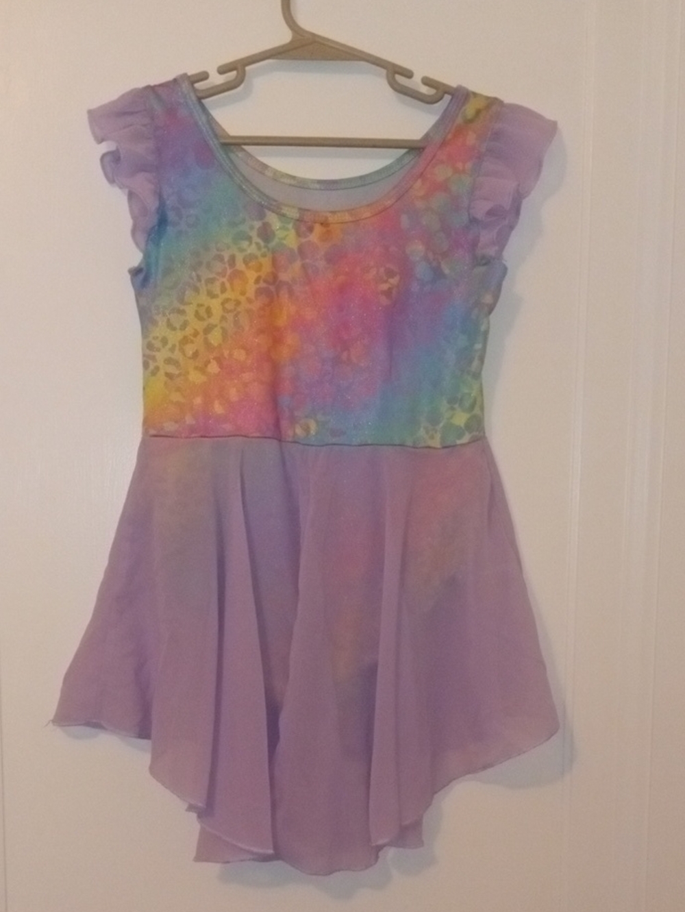 Girls 5/6 Rainbow Tie-Dye Dance leotard with Ruffled Sleeves